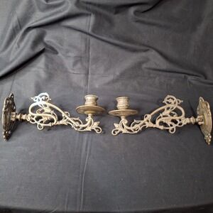 Antique Brass Wall Sconce Candle Holders Pair Ornate Art Nouveau Swivel Arm Cast